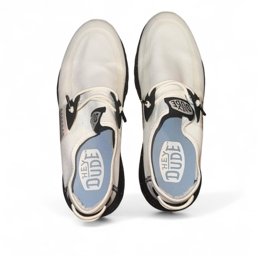 Men’s Hey Dude white and black sneakers with speckle detail
US men’s size 9